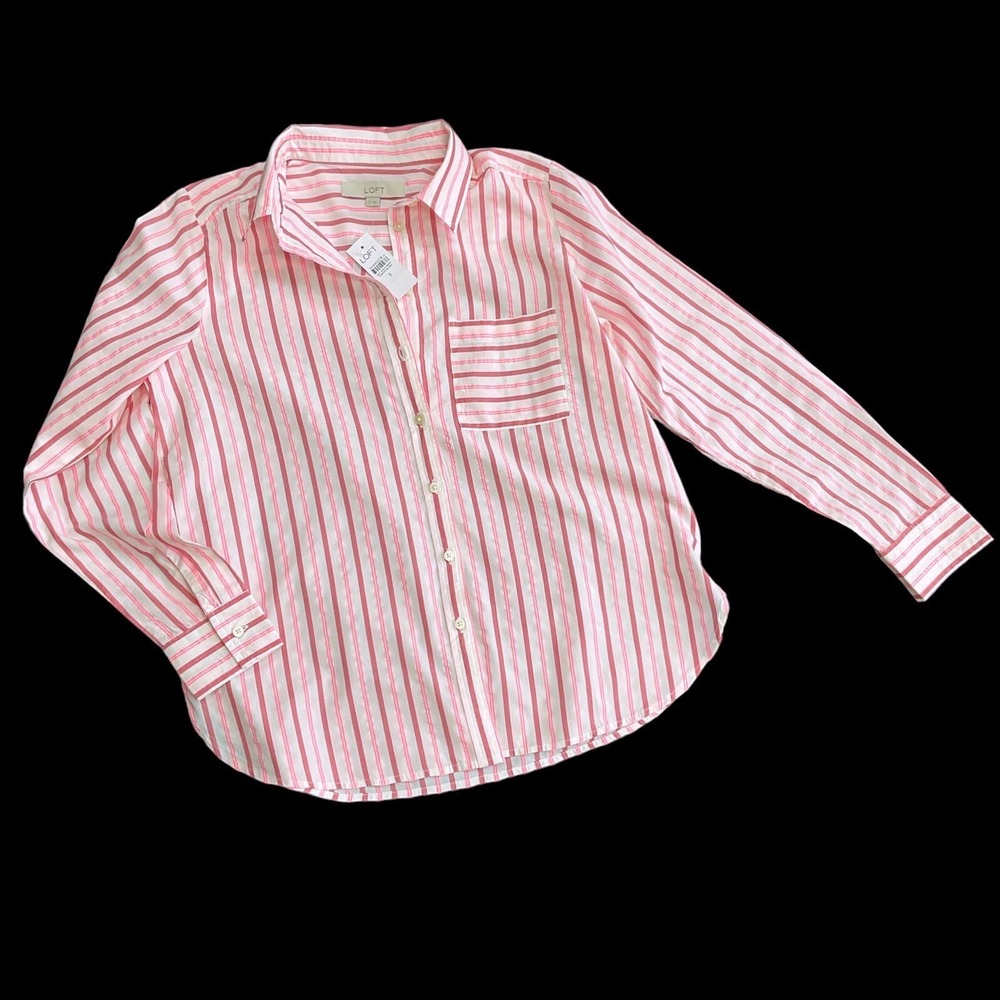 LOFT Top Women Small Pink Stripe Long Sleeve Button Down Shirt Collar‎ NWT